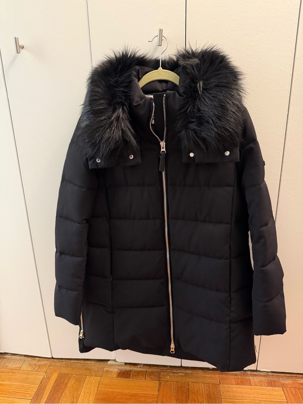 Derek Lam Black Quilted Puffer Coat with Faux-Fur Hood